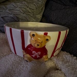 Peppermint & Pine Hand-Painted Ceramic Bowl with Red Accents NEW